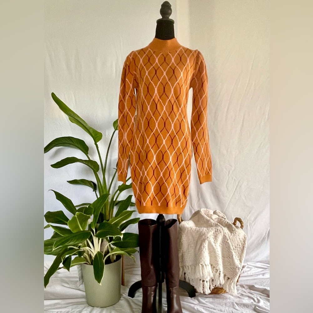 Fate Burnt orange, Pink, and Burgundy Patterned Sweater Dress